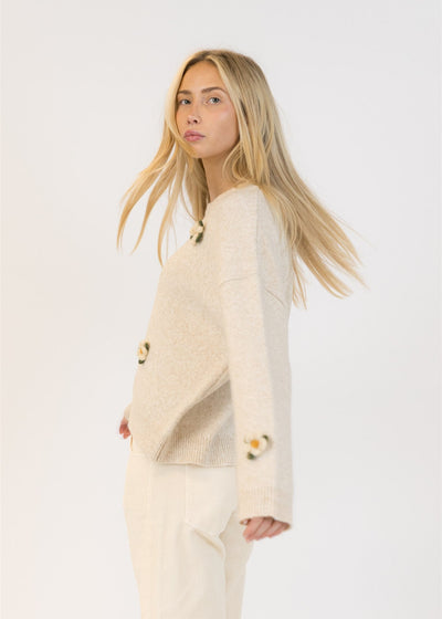 Lyla & Luxe Holly Flower Crew Neck Pull Over Sweater Oatmeal