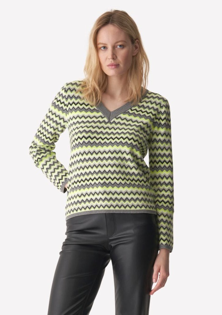 WISPR Cora Chevron V-neck Sweater - Grey/Neon