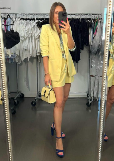 The Pink Door Ruched Sleeve Button Detail Blazer - Soft Yellow