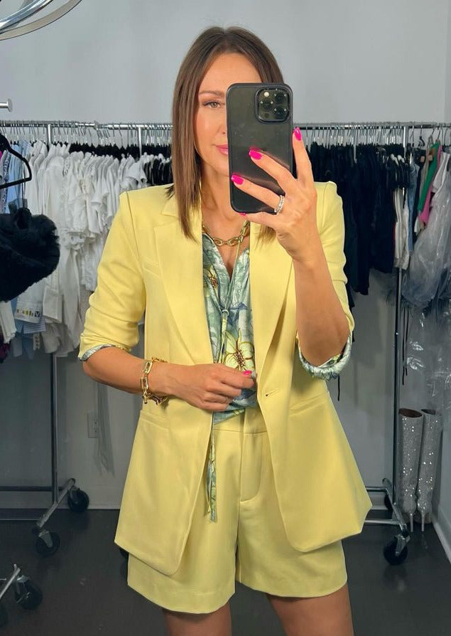 The Pink Door Ruched Sleeve Button Detail Blazer - Soft Yellow