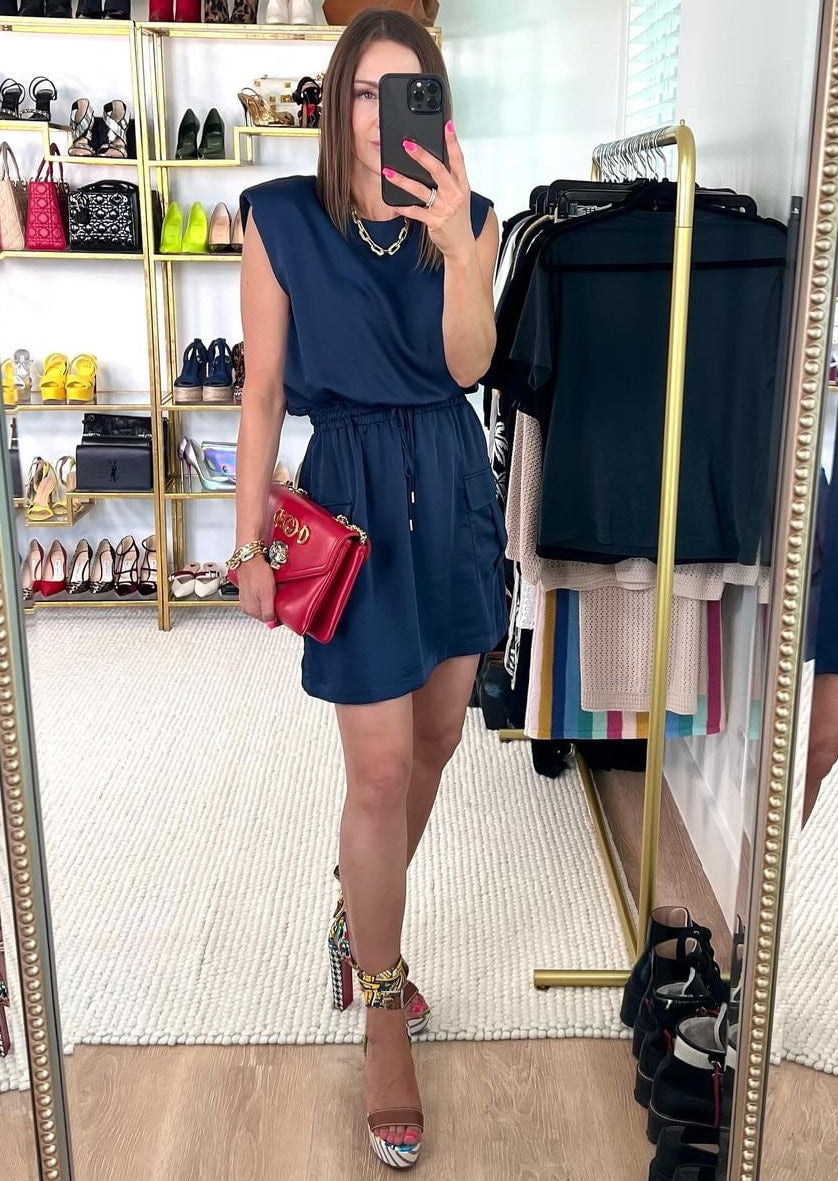 The Pink Door Padded Shoulder Dress - Navy