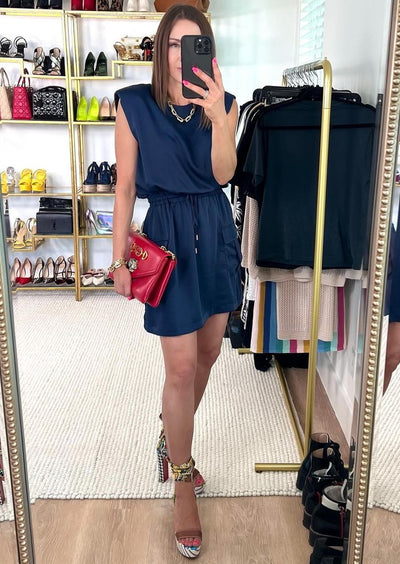 The Pink Door Padded Shoulder Dress - Navy