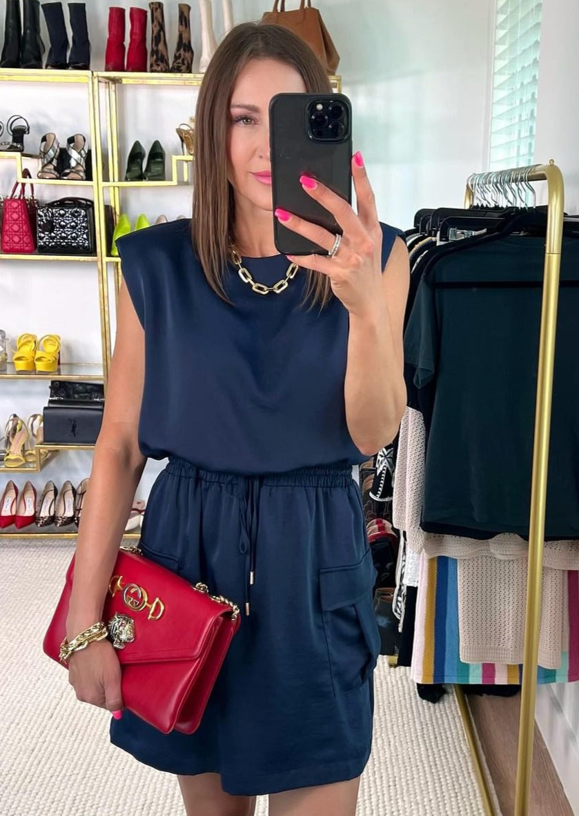 The Pink Door Padded Shoulder Dress - Navy