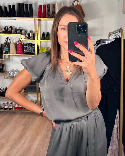 The Pink Door Gun Metal Silky Pouf Sleeve Top