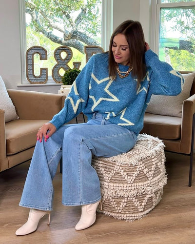 The Pink Door Denim Blue Stars Sweater