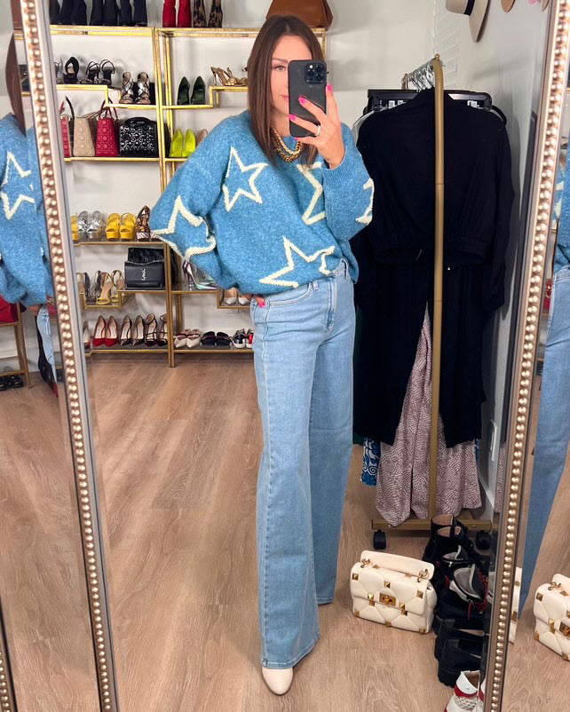 The Pink Door Denim Blue Stars Sweater
