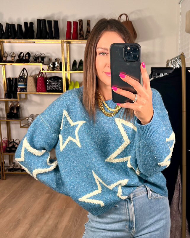 The Pink Door Denim Blue Stars Sweater