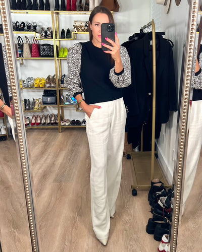 The Pink Door Black & White Floral Sleeve Knit Combo Top
