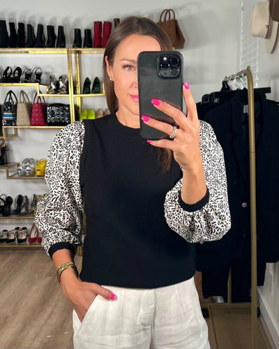 The Pink Door Black & White Floral Sleeve Knit Combo Top