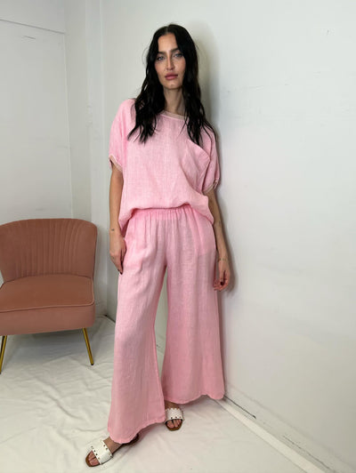 The Pink Door Linen Pants w/ Elastic Band - Pink