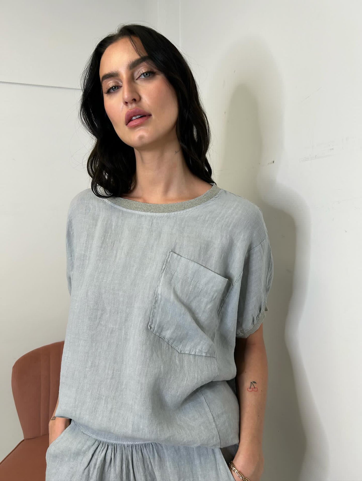 The Pink Door Oversized Linen Top w/ Gold Trim Detail - Grey