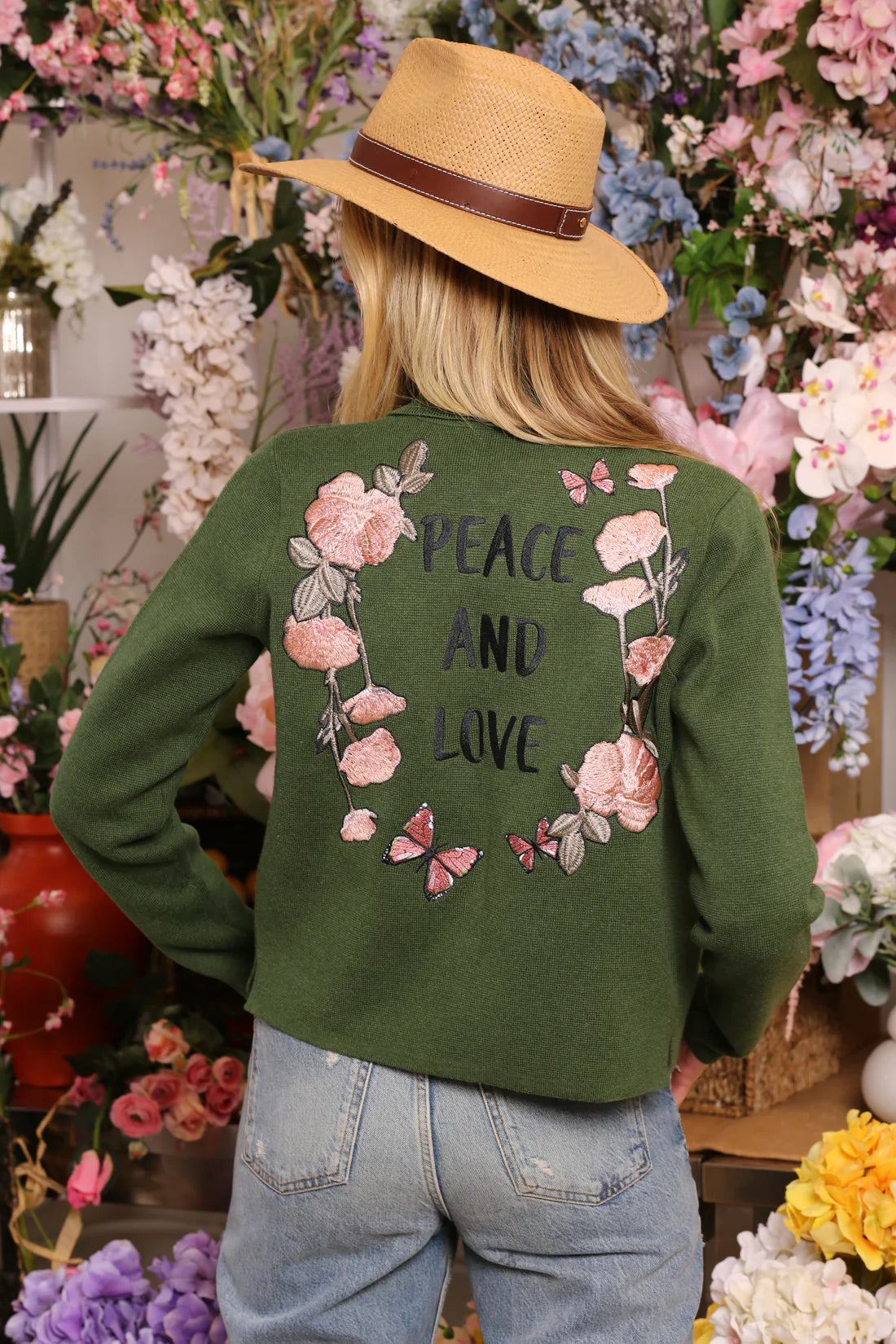 MINNIE ROSE Embroidered “Peace and Love” Shacket - Army Green