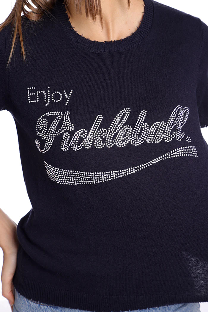 MINNIE ROSE “Enjoy Pickleball” Bling Frayed Edge Tee - Navy