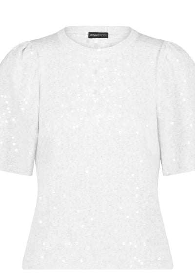 MINNIE ROSE All Over Sequin Flared S/S Knit Top - White