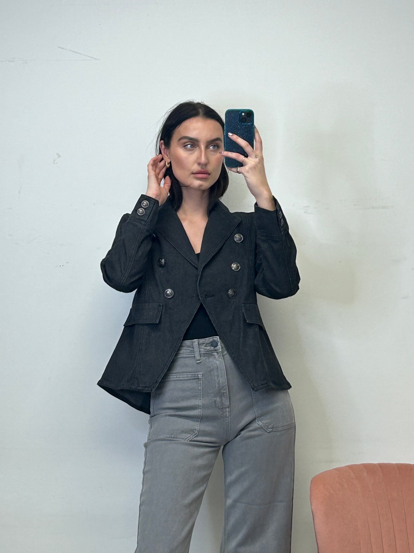 The Pink Door Black Denim Blazer w Silver Buttons