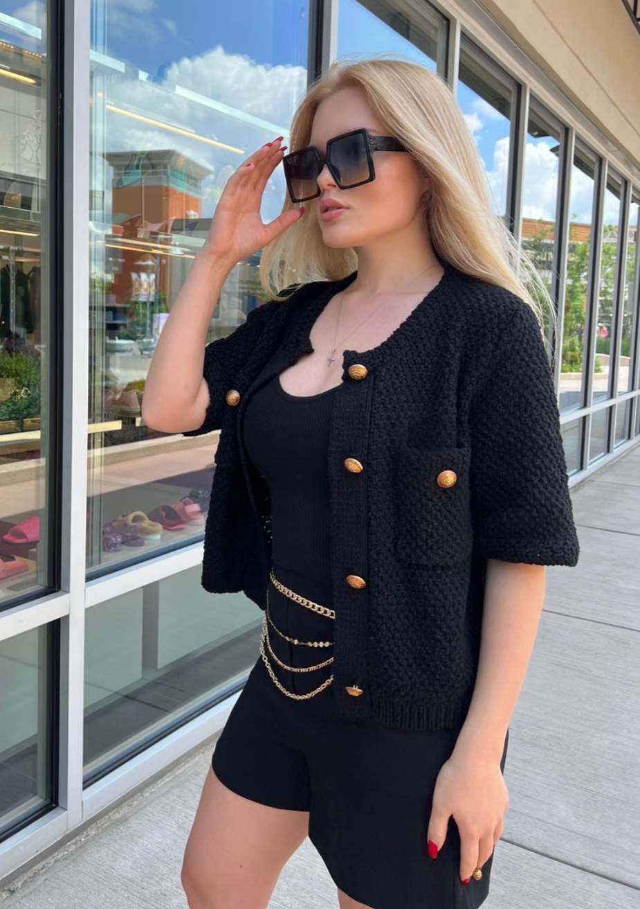 The Pink Door Gold Button S/S Sweater - Black