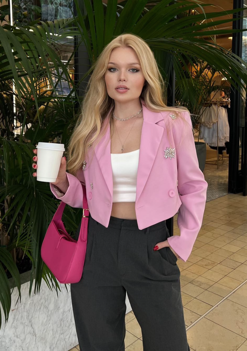 The Pink Door Crop Blazer w/ Rhinestone - Pink