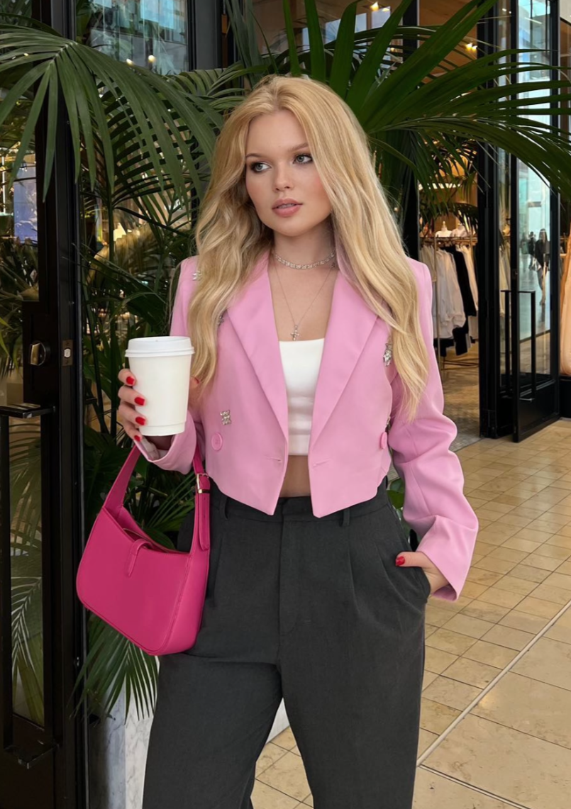 The Pink Door Crop Blazer w/ Rhinestone - Pink