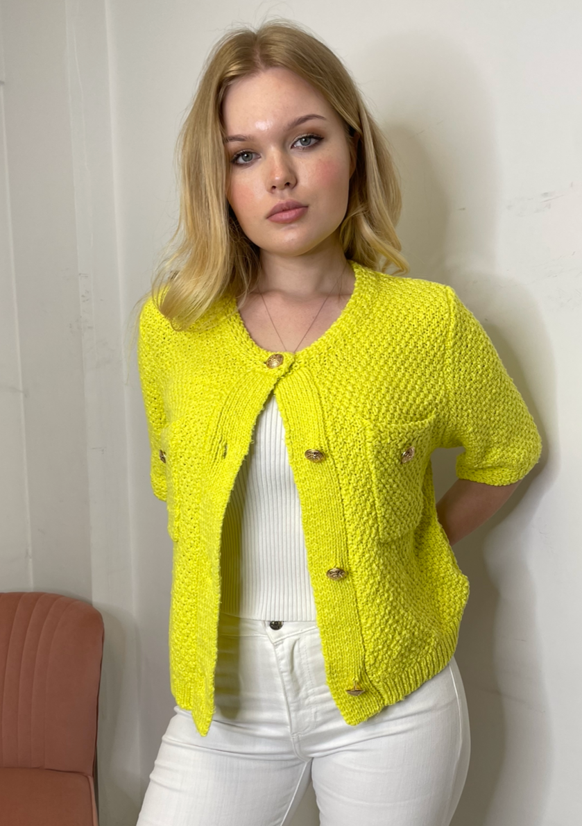 The Pink Door Gold Button S/S Sweater - Lime