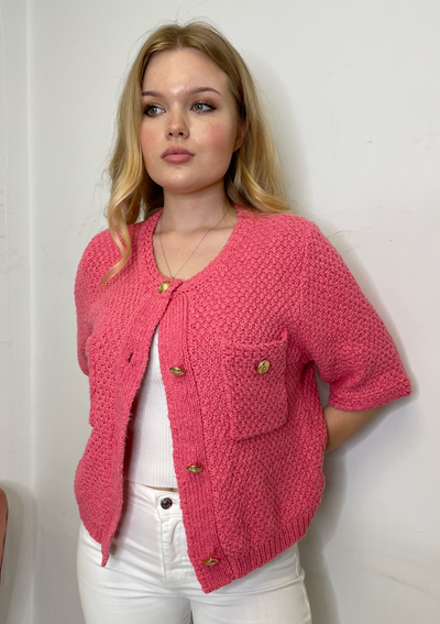 The Pink Door Gold Button S/S Sweater - Pink