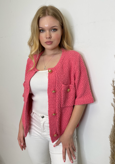 The Pink Door Gold Button S/S Sweater - Pink