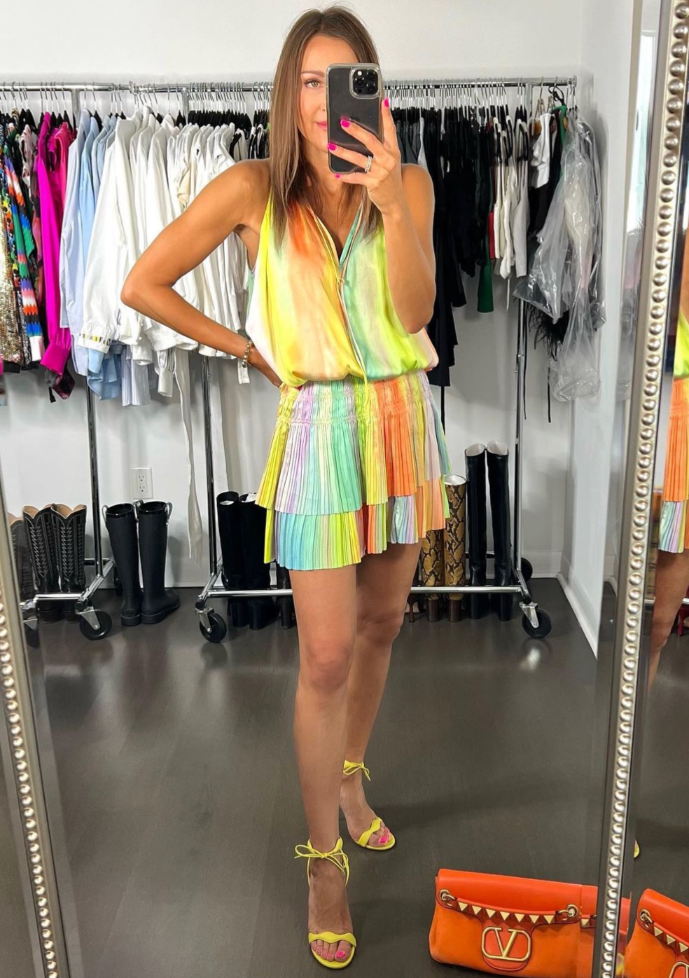 The Pink Door Sleeveless Ruffle Print Dress - Rainbow