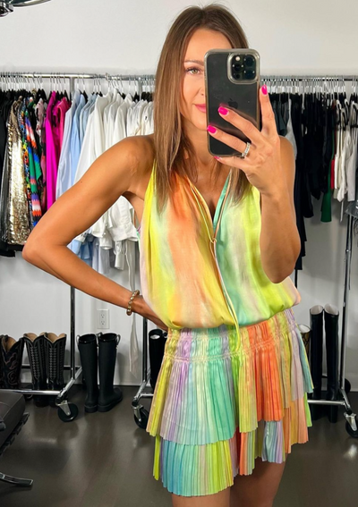 The Pink Door Sleeveless Ruffle Print Dress - Rainbow