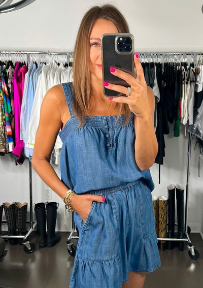 The Pink Door Chambray Ruffle Trim Shorts