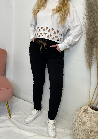 MINI Leopard Drawstring Ruffle Pocket Pant - Black