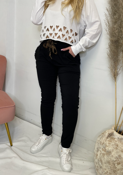 MINI Leopard Drawstring Ruffle Pocket Pant - Black