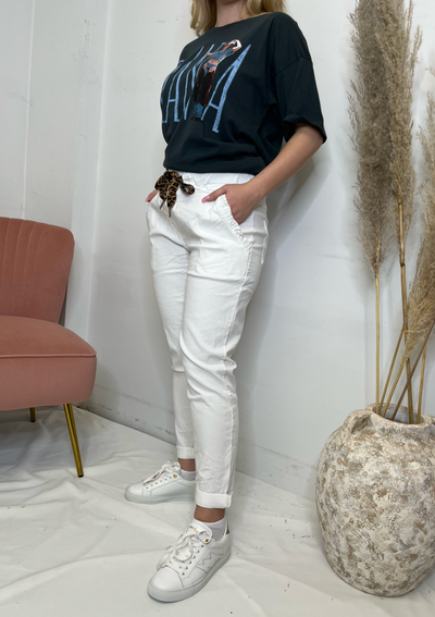 MINI Leopard Drawstring Ruffle Pocket Pant - White