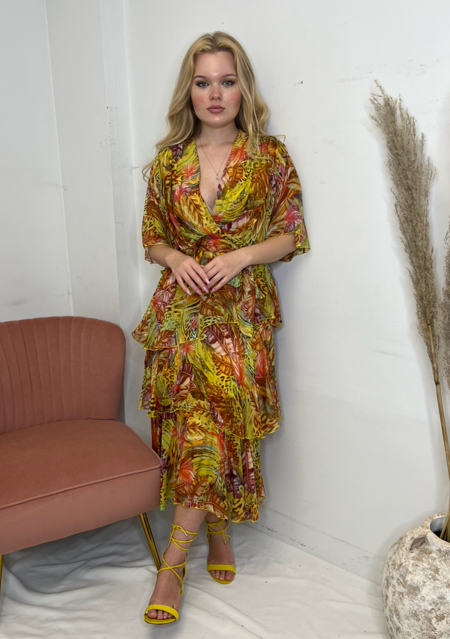 The Pink Door Long Silky Ruffle Crossover Dress - Yellow Feathers