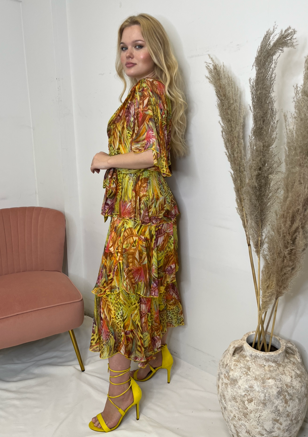 The Pink Door Long Silky Ruffle Crossover Dress - Yellow Feathers
