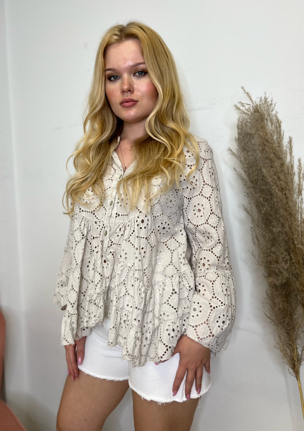 The Pink Door Peplum Eyelet Blouse - Beige