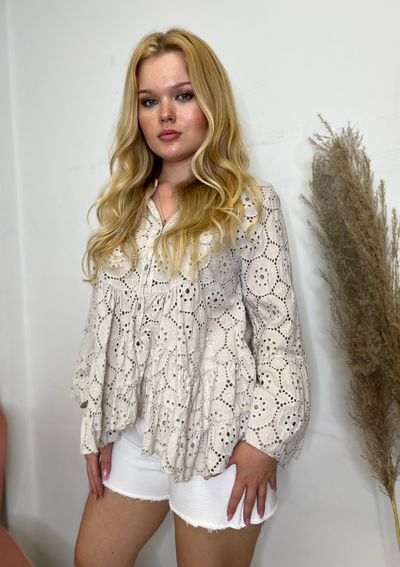 The Pink Door Peplum Eyelet Blouse - Beige