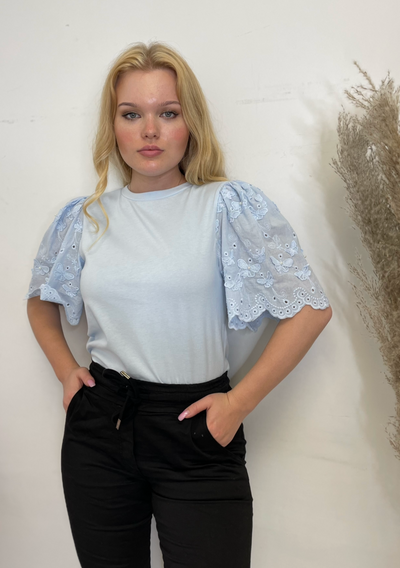 The Pink Door Pearl Embellished Puff Sleeve Tee - Blue