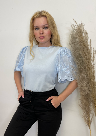 The Pink Door Pearl Embellished Puff Sleeve Tee - Blue