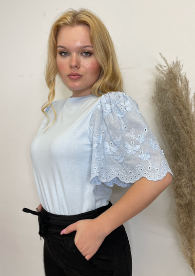 The Pink Door Pearl Embellished Puff Sleeve Tee - Blue