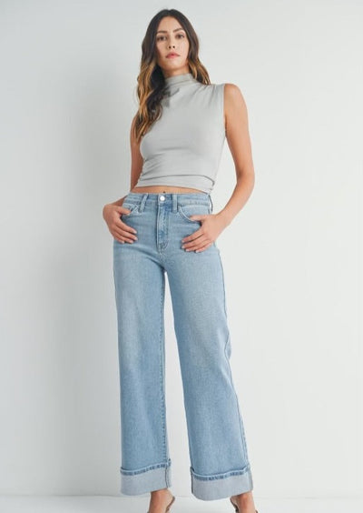 The Pink Door Palazo Wide Leg Cuff Light Denim