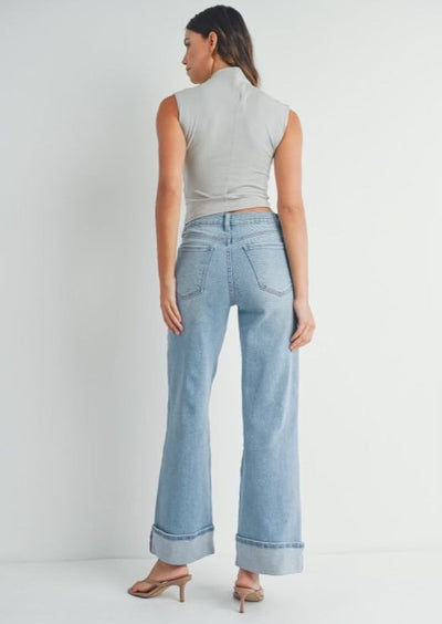 The Pink Door Palazo Wide Leg Cuff Light Denim