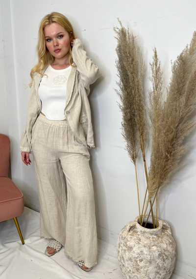 The Pink Door Linen Jacket w/ Fray Trim - Beige