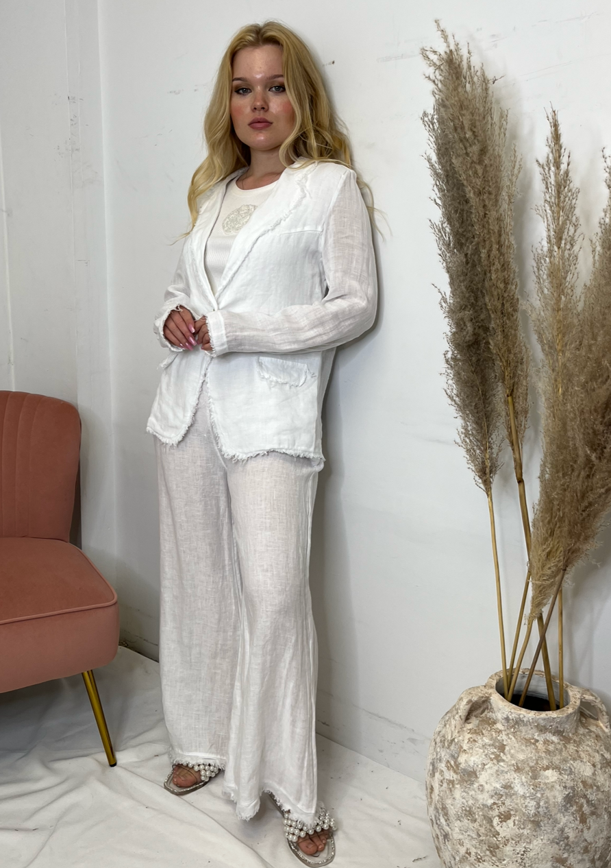 The Pink Door Linen Jacket w/ Fray Trim - White