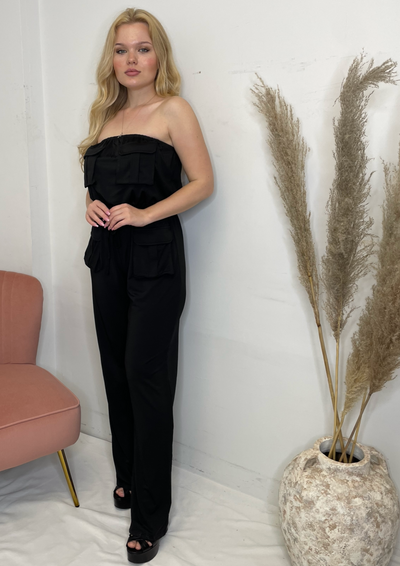 The Pink Door Strapless Cargo Jumpsuit - Black