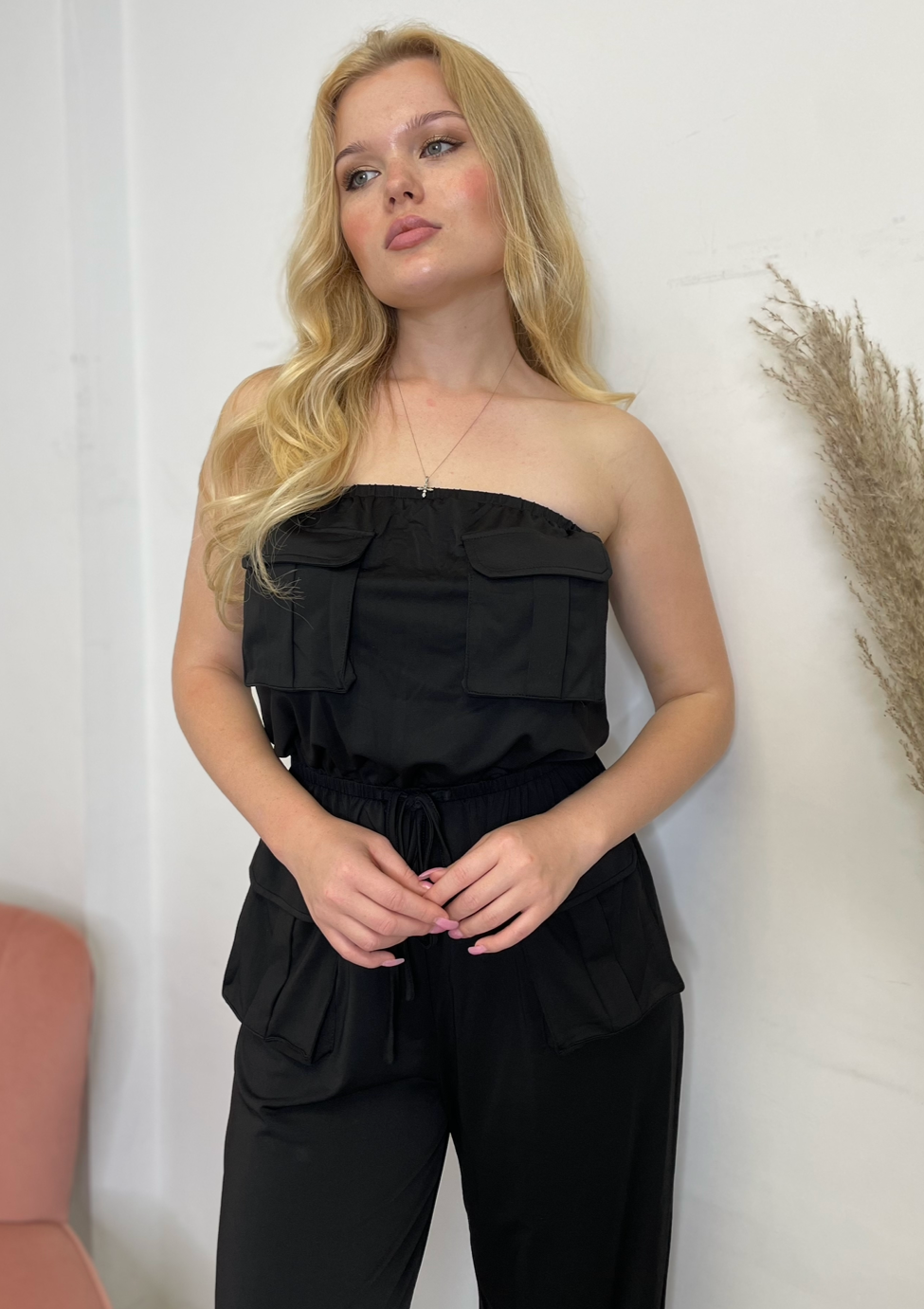 The Pink Door Strapless Cargo Jumpsuit - Black