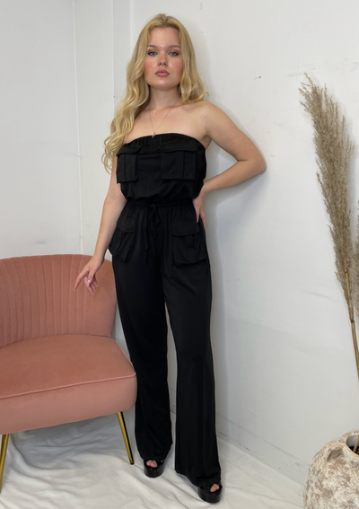 The Pink Door Strapless Cargo Jumpsuit - Black