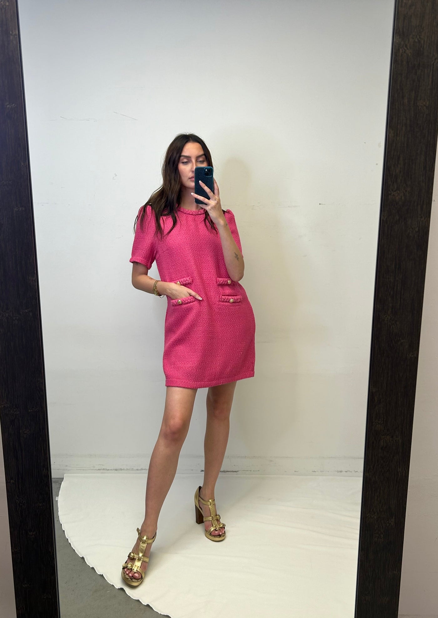 The Pink Door Tweed Gold Button Dress - Pink