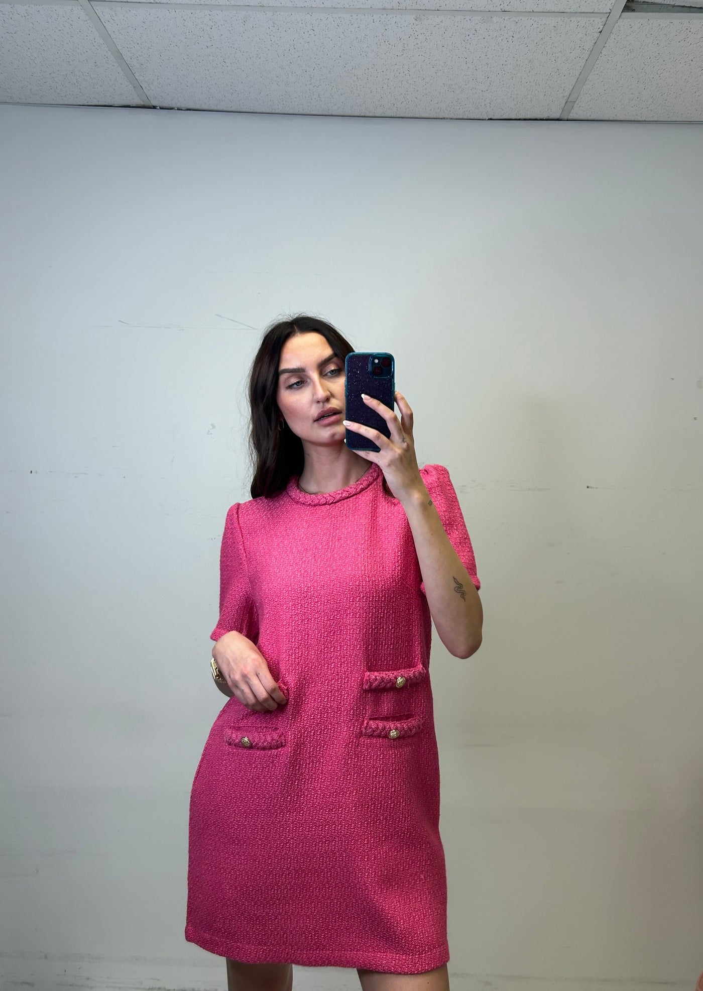 The Pink Door Tweed Gold Button Dress - Pink