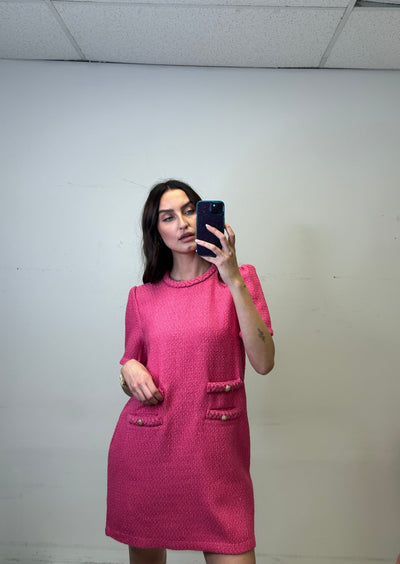The Pink Door Tweed Gold Button Dress - Pink