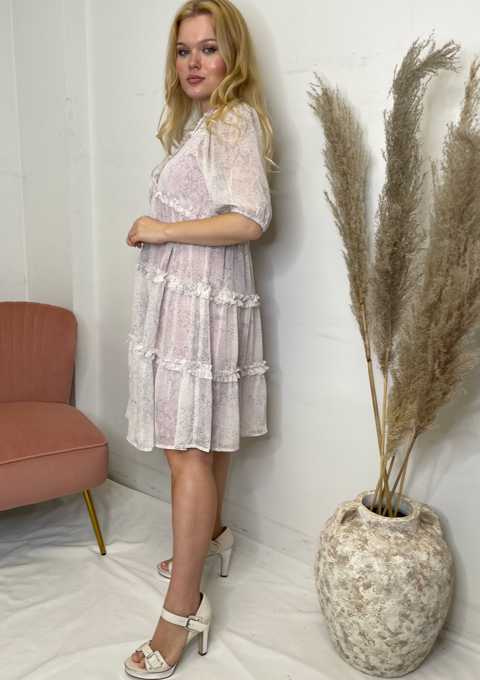 The Pink Door Snake Print Ruffle Dress - Pink