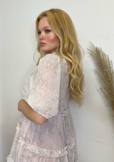 The Pink Door Snake Print Ruffle Dress - Pink